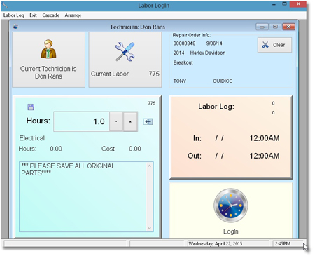 Repair Order Labor Logging Screen