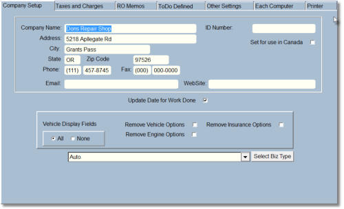 Repair order setup screen
